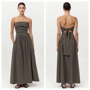 St. Agni Gathered Strapless Tie Back Dress in Khaki